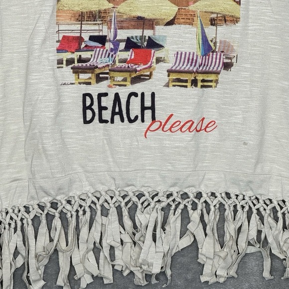 Style & Co 1X Top Shirt Beige Beach Graphic Short Sleeve Scoop Neck Fringe Knit - Picture 2 of 8